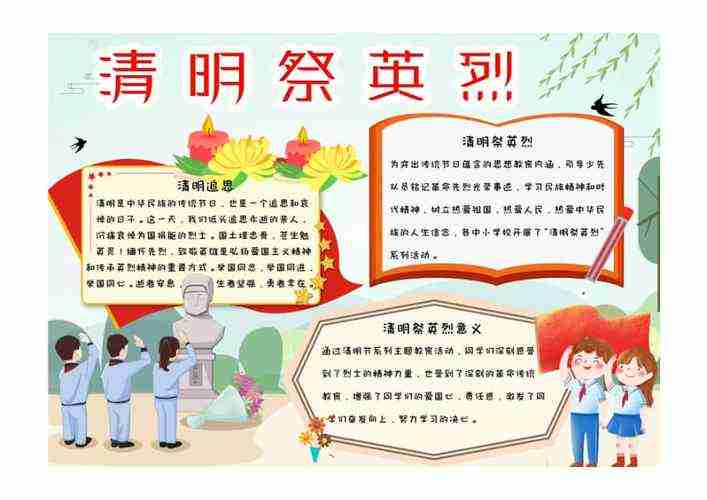 小学生清新卡通简约手绘清明祭英烈手抄报小报彩色文字图pdf