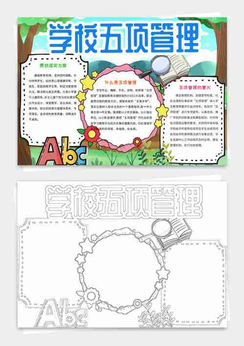 五项管理卡通线稿涂色手抄报小报模板