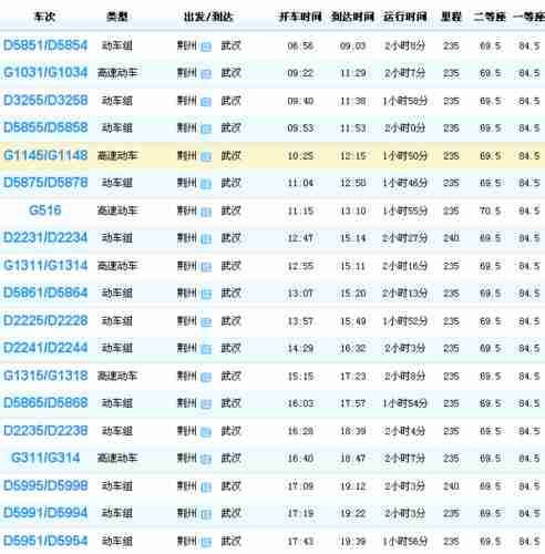 武汉到荆州动车时刻表查询