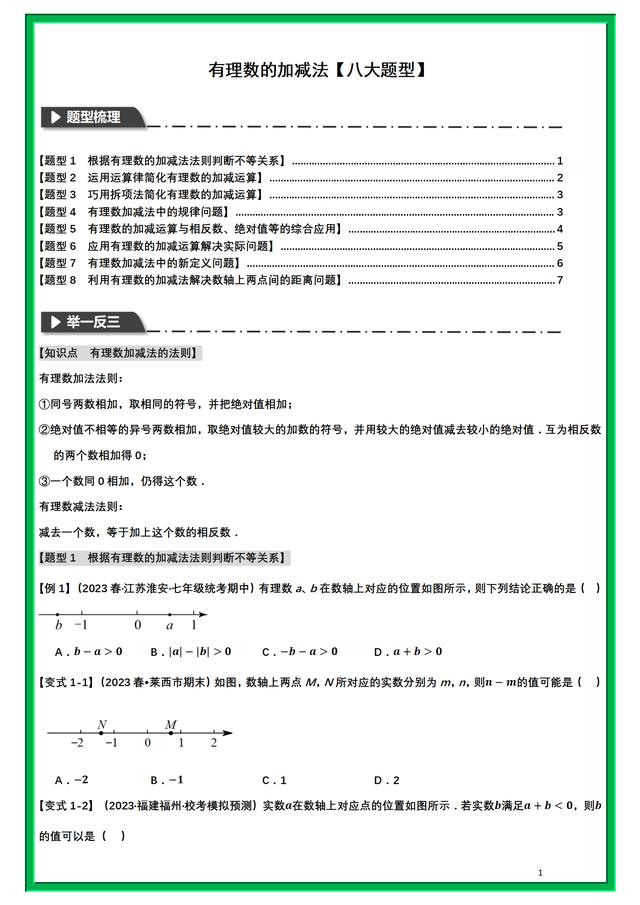 初一上册数学有理数加减法 公式（我把初一数学上册有理数加减法8大题型）(1)